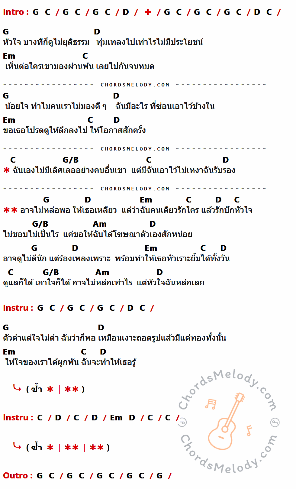 เนื้อเพลง หล่อเลย ของ พลพล ที่มีคอร์ดกีต้าร์ G,C,D,Em,G/B,Am