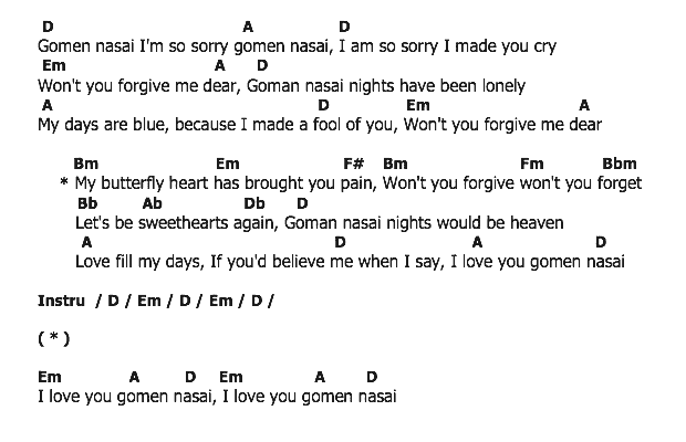 คอร์ดเพลง เนื้อเพลง Gomen Nasai, คอร์ดเพลง Gomen Nasai ของ Harry Belafonte, คอร์ดเพลงของ Harry Belafonte, เนื้อร้อง Gomen Nasai Harry Belafonte, Gomen Nasai คอร์ดง่าย ๆ, คอร์ด Gomen Nasai ต้นฉบับ