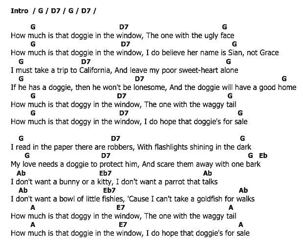 คอร์ดเพลง เนื้อเพลง How Much Is That Doggie In The Window, คอร์ดเพลง How Much Is That Doggie In The Window ของ Patti Page, คอร์ดเพลงของ Patti Page, เนื้อร้อง How Much Is That Doggie In The Window Patti Page, How Much Is That Doggie In The Window คอร์ดง่าย ๆ, คอร์ด How Much Is That Doggie In The Window ต้นฉบับ