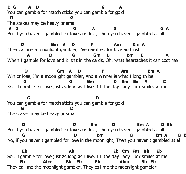 คอร์ดเพลง เนื้อเพลง Moonlight Gambler, คอร์ดเพลง Moonlight Gambler ของ Frankie Laine, คอร์ดเพลงของ Frankie Laine, เนื้อร้อง Moonlight Gambler Frankie Laine, Moonlight Gambler คอร์ดง่าย ๆ, คอร์ด Moonlight Gambler ต้นฉบับ