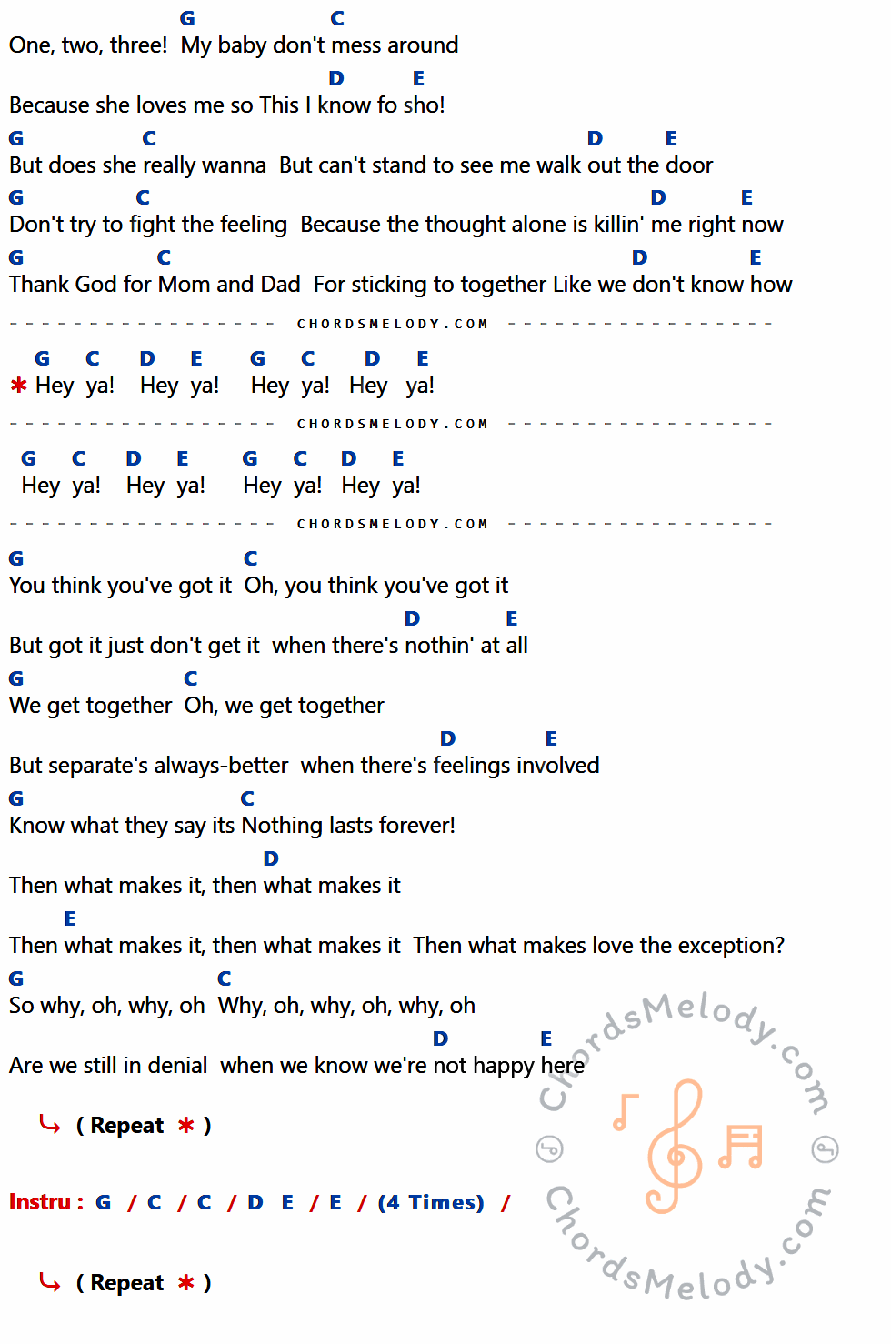 เนื้อเพลง Hey Ya ของ OutKast ที่มีคอร์ด ในกลุ่มคีย์ G,C,D,E ประกอบ