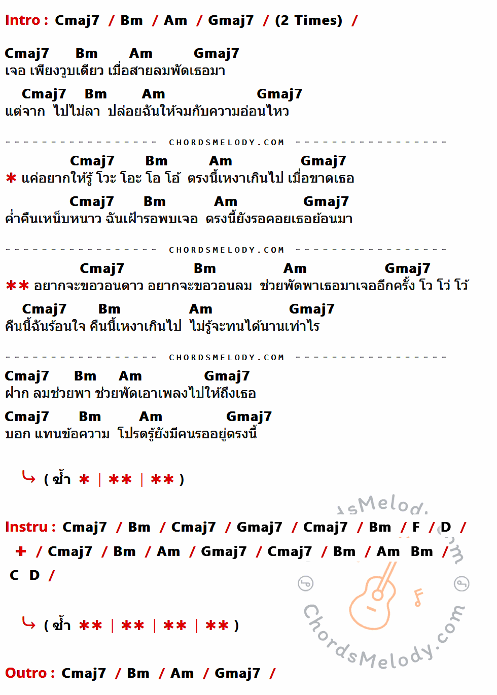 เนื้อเพลง ธันวาคม ของ ทันสมัย ที่มีคอร์ดกีต้าร์ Cmaj7,Bm,Am,Gmaj7,F,D,C