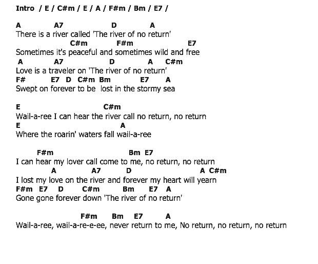 คอร์ดเพลง เนื้อเพลง River Of No Return, คอร์ดเพลง River Of No Return ของ Marilyn Monroe, คอร์ดเพลงของ Marilyn Monroe, เนื้อร้อง River Of No Return Marilyn Monroe, River Of No Return คอร์ดง่าย ๆ, คอร์ด River Of No Return ต้นฉบับ