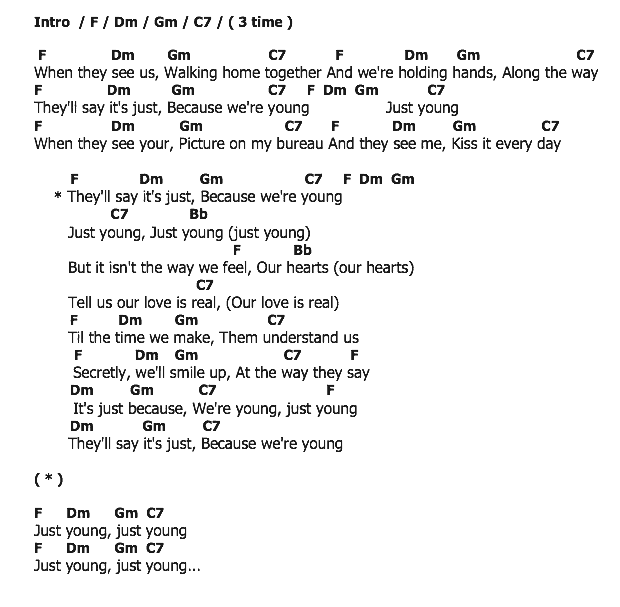 คอร์ดเพลง เนื้อเพลง Just Young, คอร์ดเพลง Just Young ของ Paul Anka, คอร์ดเพลงของ Paul Anka, เนื้อร้อง Just Young Paul Anka, Just Young คอร์ดง่าย ๆ, คอร์ด Just Young ต้นฉบับ