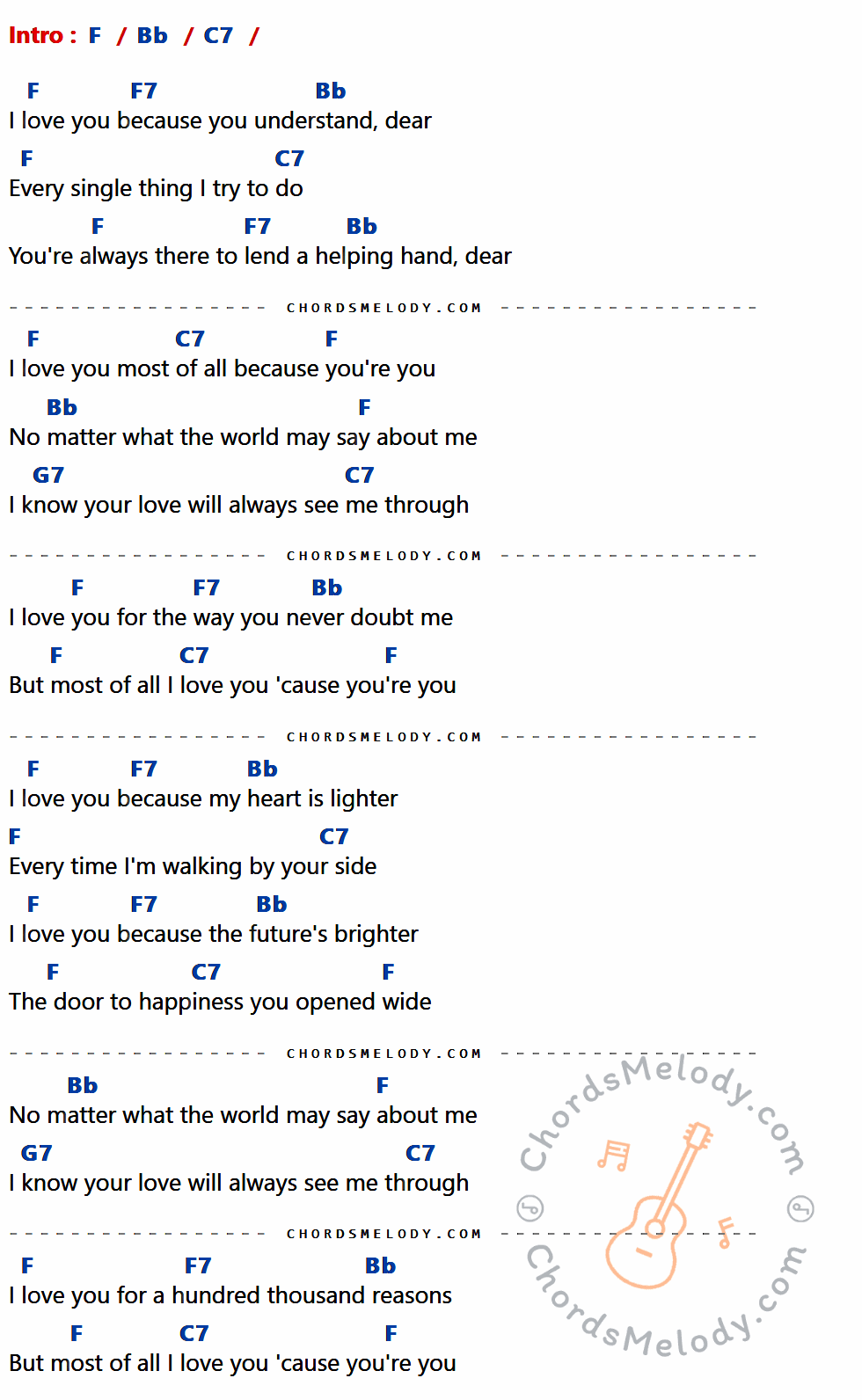 เนื้อเพลง I Love You Because ของ Jim Reeves ที่มีคอร์ด ในกลุ่มคีย์ F,Bb,C7,F7,G7 ประกอบ