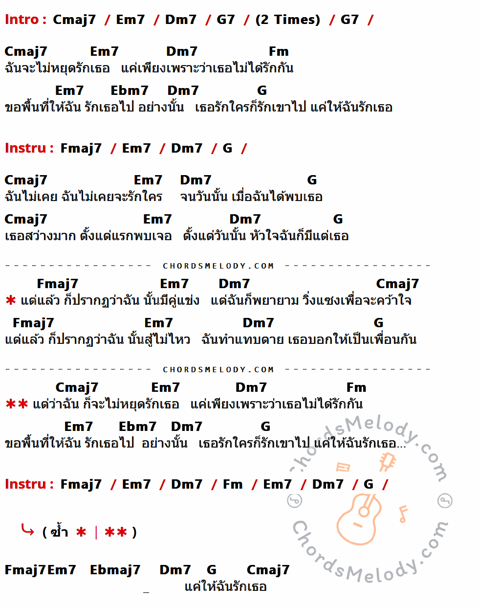 เนื้อเพลง ขอพื้นที่ ของ ชบา ที่มีคอร์ด ในกลุ่มคีย์ Cmaj7,Em7,Dm7,G7,Fm,Ebm7,G,Fmaj7,Ebmaj7 ประกอบ