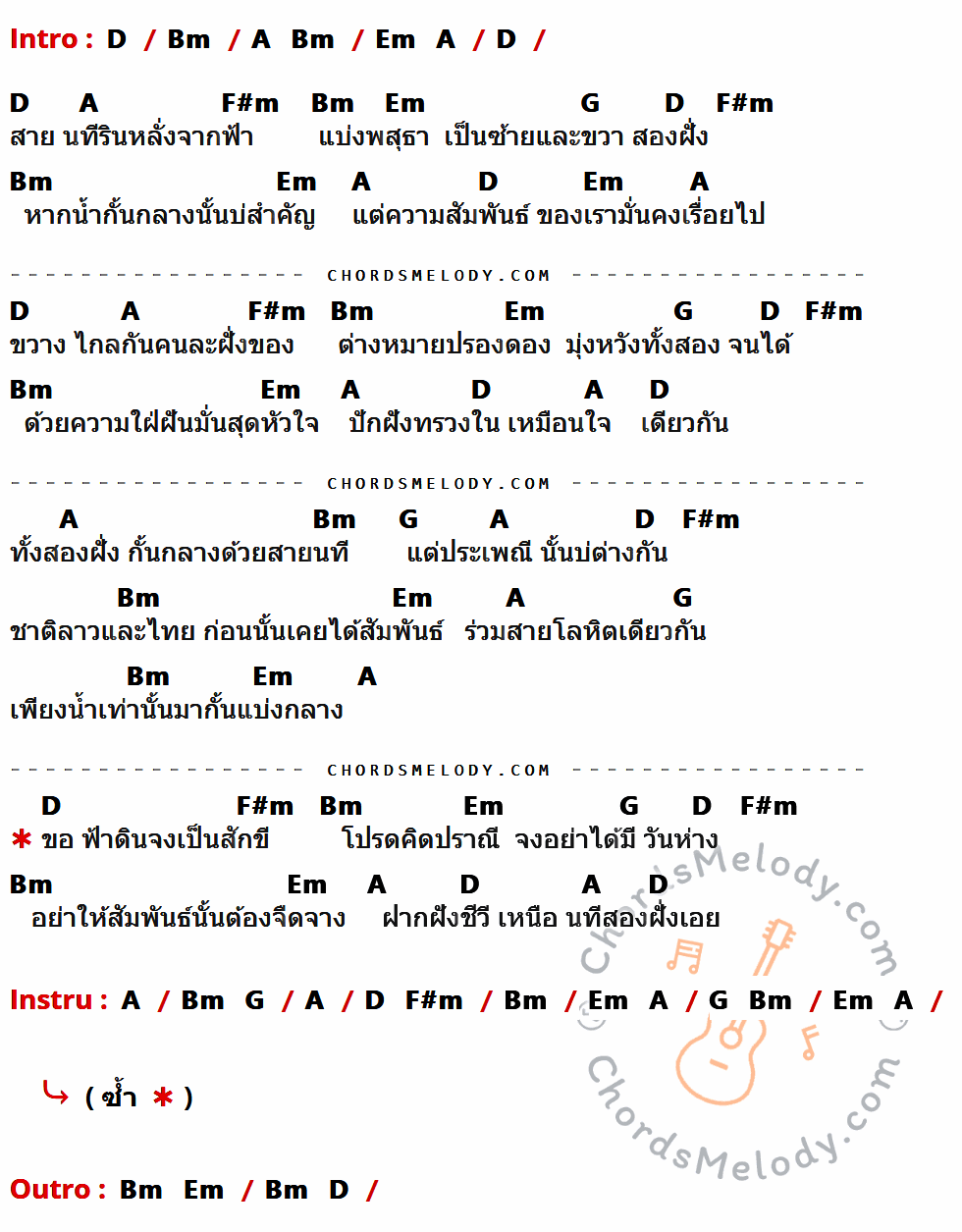 เนื้อเพลง สองฝั่งโขง ของ พุ่มพวง ดวงจันทร์ ที่มีคอร์ดกีต้าร์ D,Bm,A,Em,F#m,G