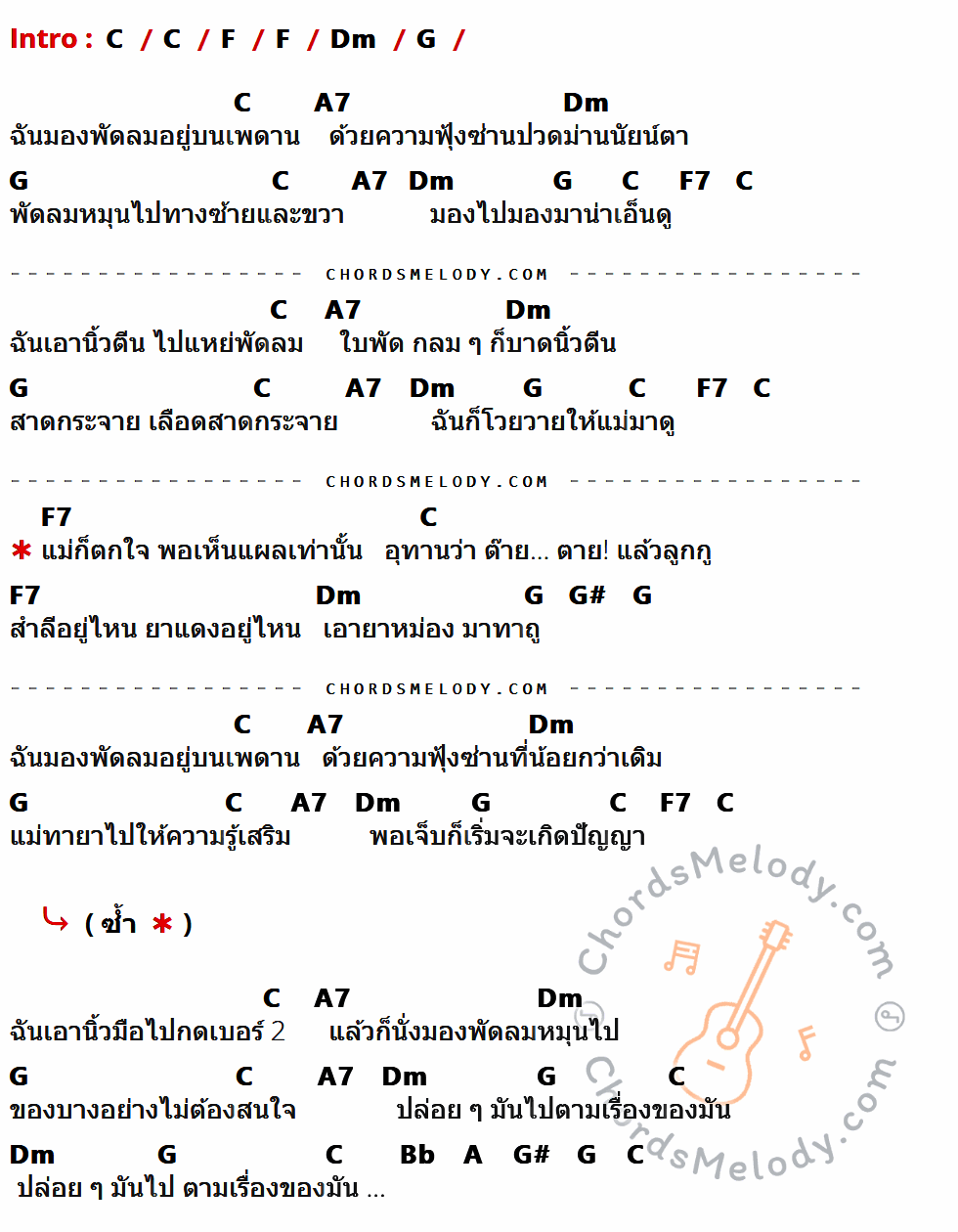 เนื้อเพลง พัดลม ของ โน้ส อุดม แต้พานิช ที่มีคอร์ด ในกลุ่มคีย์ C,F,Dm,G,A7,F7,G#,Bb,A ประกอบ