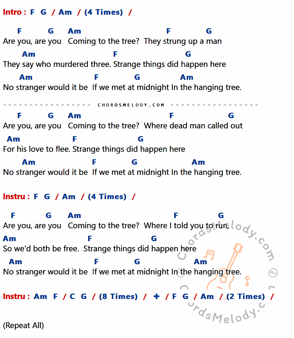 เนื้อเพลง Hanging Tree ของ Jennifer Lowrence Feat.Ashlee Robinson ที่มีคอร์ดกีต้าร์ F,G,Am,C