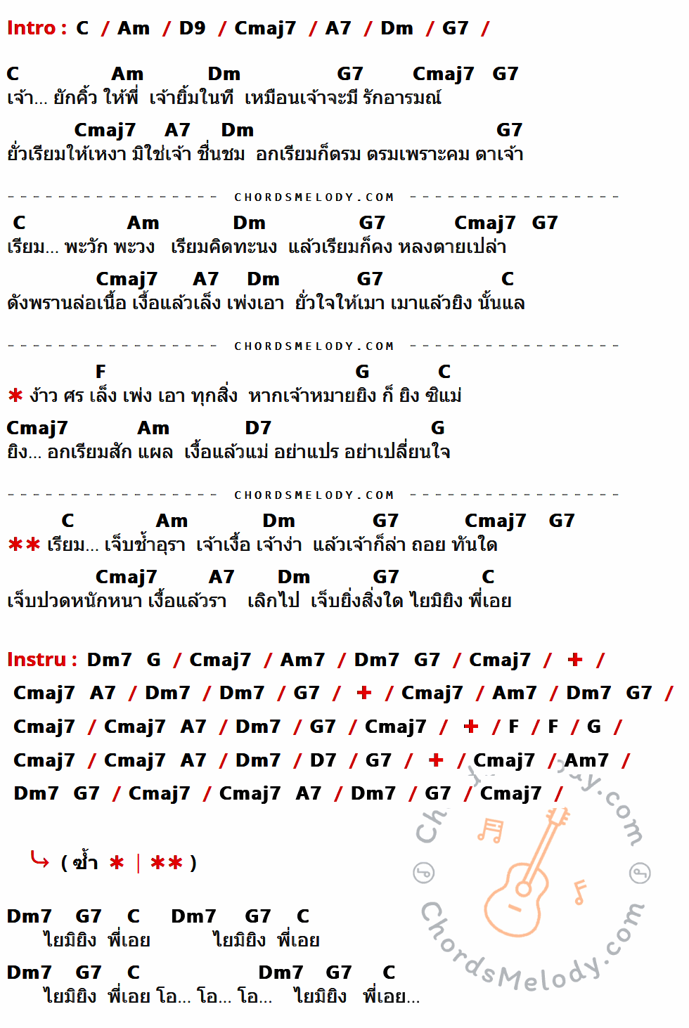 เนื้อเพลง พรานล่อเนื้อ ของ สุเมธ & เดอะปั๋ง ที่มีคอร์ดกีต้าร์ C,Am,D9,Cmaj7,A7,Dm,G7,F,G,D7,Dm7,Am7