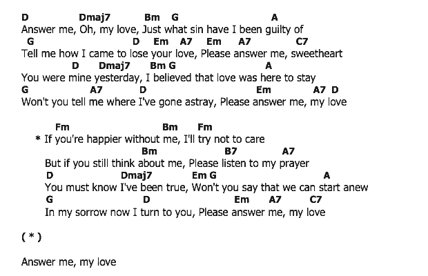 คอร์ดเพลง เนื้อเพลง Answer Me My Love, คอร์ดเพลง Answer Me My Love ของ Nat King Cole, คอร์ดเพลงของ Nat King Cole, เนื้อร้อง Answer Me My Love Nat King Cole, Answer Me My Love คอร์ดง่าย ๆ, คอร์ด Answer Me My Love ต้นฉบับ