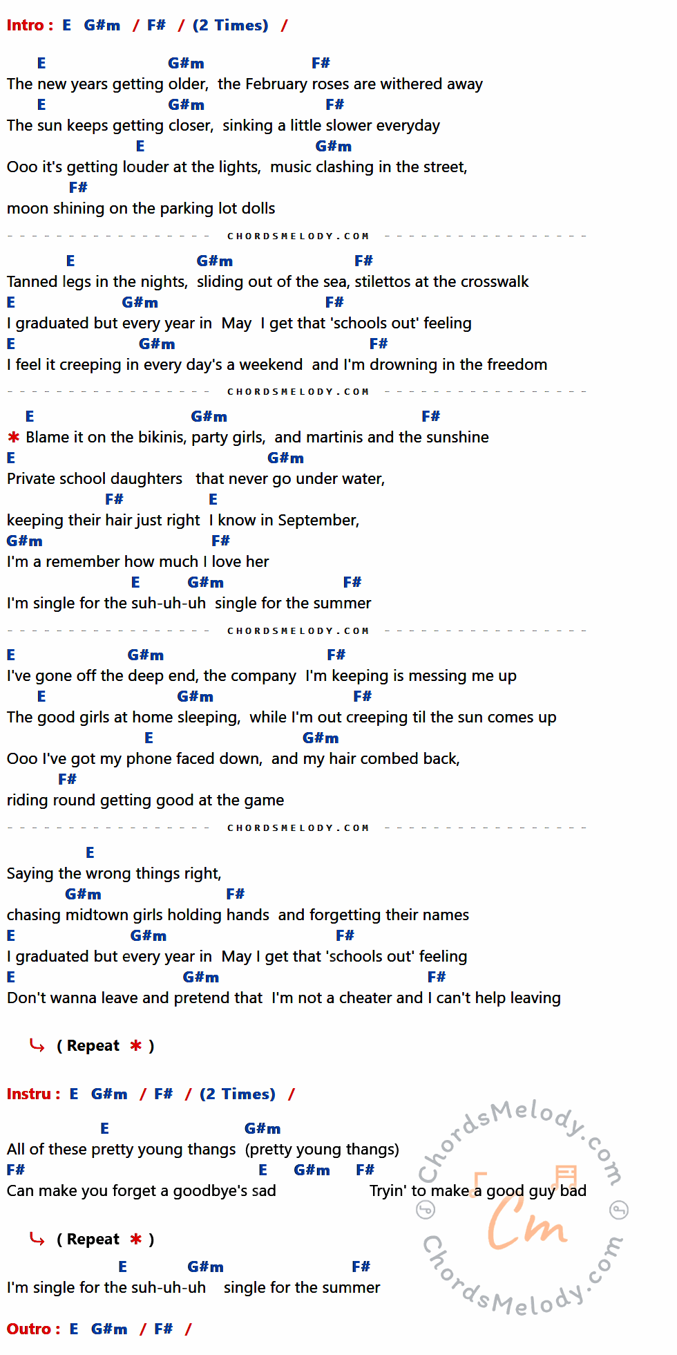 เนื้อเพลง Single For The Summer ของ Sam Hunt ที่มีคอร์ด ในกลุ่มคีย์ E,G#m,F# ประกอบ