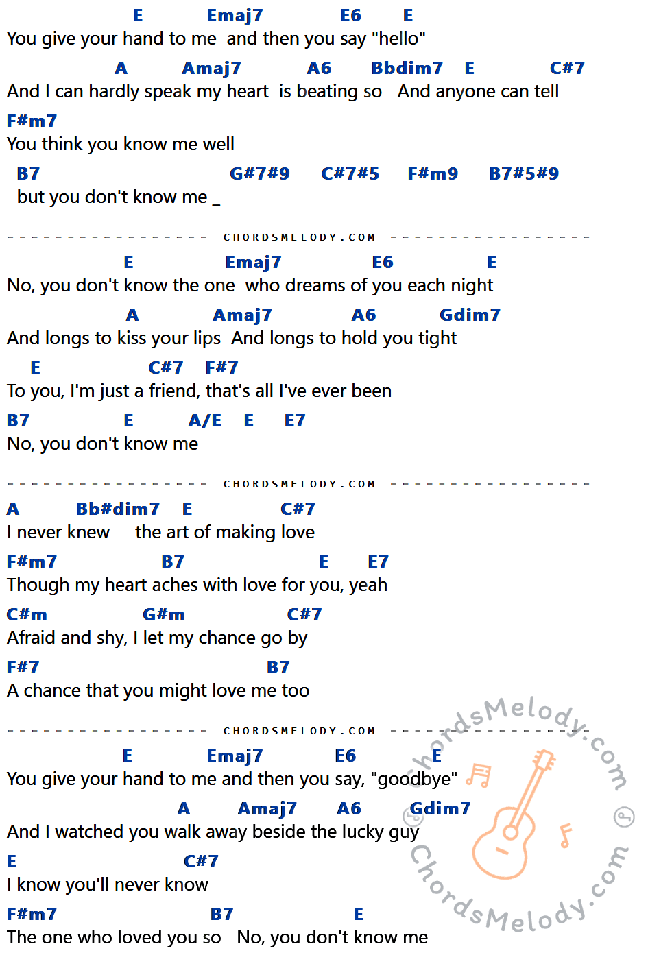 เนื้อเพลง You Don't Know Me ของ Ray Charles ที่มีคอร์ดกีต้าร์ E,Emaj7,E6,A,Amaj7,A6,Bbdim7,C#7,F#m7,B7,G#7#9,C#7#5,F#m9,B7#5#9,Gdim7,F#7,A/E,E7,Bb#dim7,C#m,G#m