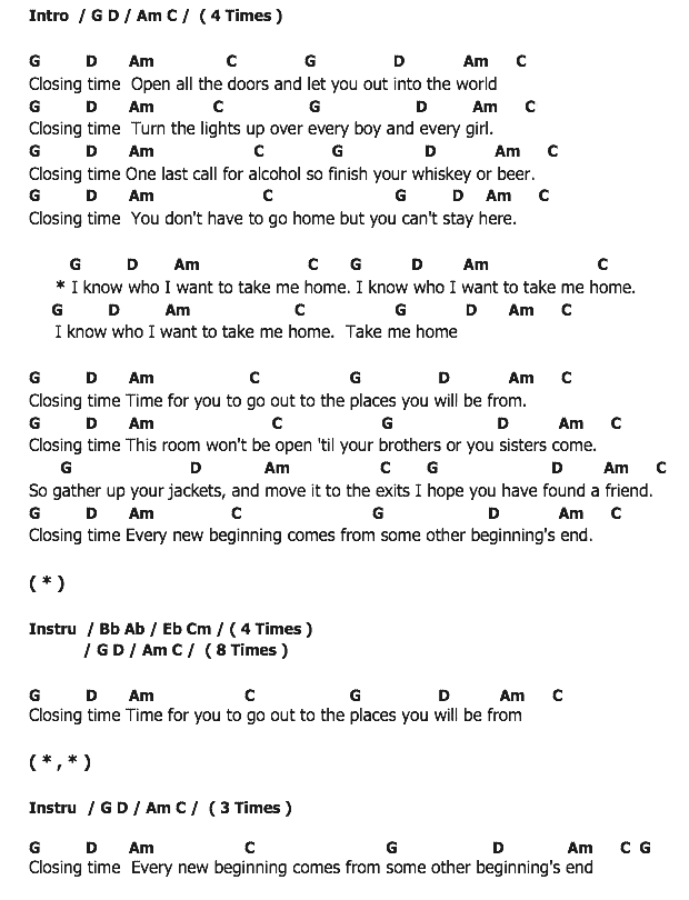 คอร์ดเพลง เนื้อเพลง Closing Time, คอร์ดเพลง Closing Time ของ Semisonic, คอร์ดเพลงของ Semisonic, เนื้อร้อง Closing Time Semisonic, Closing Time คอร์ดง่าย ๆ, คอร์ด Closing Time ต้นฉบับ