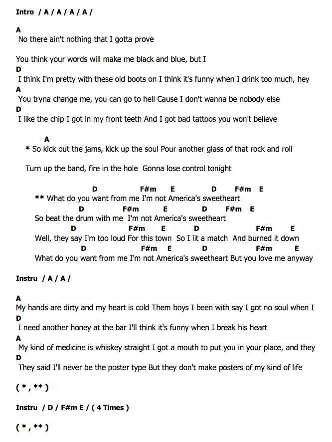 คอร์ดเพลง เนื้อเพลง America's Sweetheart, คอร์ดเพลง America's Sweetheart ของ Elle King, คอร์ดเพลงของ Elle King, เนื้อร้อง America's Sweetheart Elle King, America's Sweetheart คอร์ดง่าย ๆ, คอร์ด America's Sweetheart ต้นฉบับ