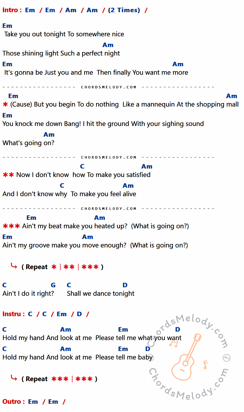 เนื้อเพลง What's going on ของ Tabasco ที่มีคอร์ด ในกลุ่มคีย์ Em,Am,C,G,D ประกอบ