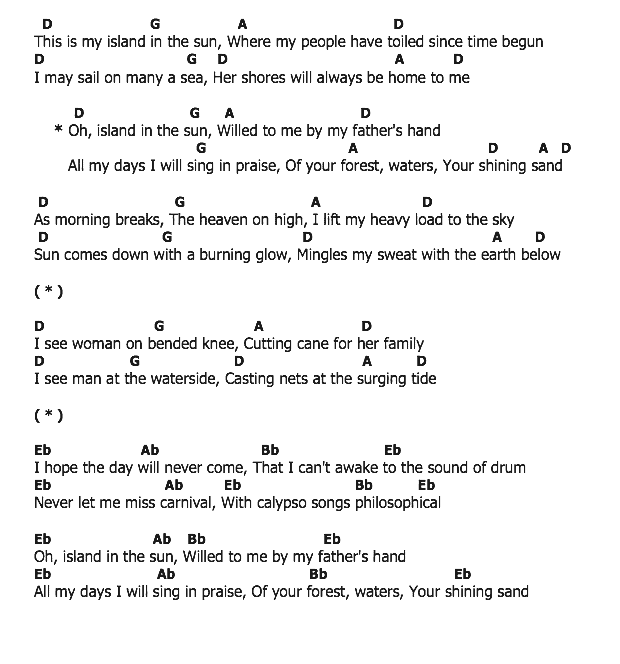 คอร์ดเพลง เนื้อเพลง Island In The Sun, คอร์ดเพลง Island In The Sun ของ Harry Belafonte, คอร์ดเพลงของ Harry Belafonte, เนื้อร้อง Island In The Sun Harry Belafonte, Island In The Sun คอร์ดง่าย ๆ, คอร์ด Island In The Sun ต้นฉบับ