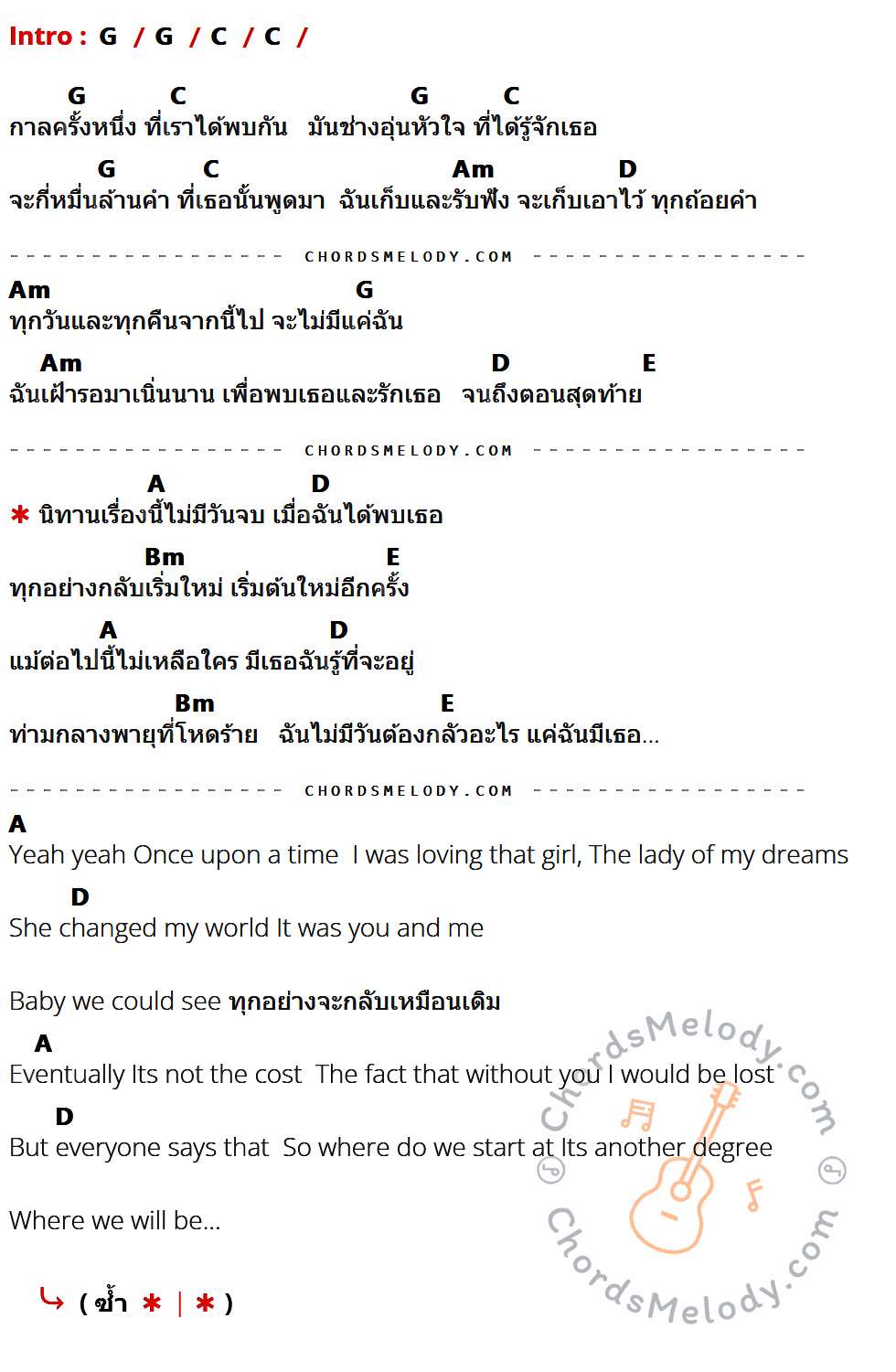 เนื้อเพลง กาลครั้งหนึ่ง ของ D.O.PE ที่มีคอร์ดกีต้าร์ G,C,Am,D,E,A,Bm