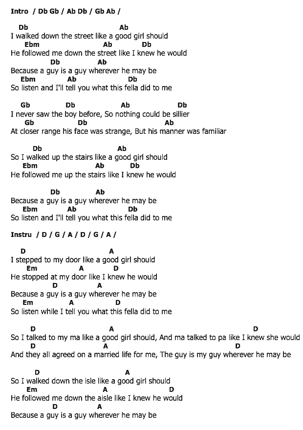 คอร์ดเพลง เนื้อเพลง A Guy Is A Guy, คอร์ดเพลง A Guy Is A Guy ของ Doris Day, คอร์ดเพลงของ Doris Day, เนื้อร้อง A Guy Is A Guy Doris Day, A Guy Is A Guy คอร์ดง่าย ๆ, คอร์ด A Guy Is A Guy ต้นฉบับ