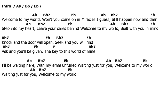 คอร์ดเพลง เนื้อเพลง Welcome To My World, คอร์ดเพลง Welcome To My World ของ Jim Reeves, คอร์ดเพลงของ Jim Reeves, เนื้อร้อง Welcome To My World Jim Reeves, Welcome To My World คอร์ดง่าย ๆ, คอร์ด Welcome To My World ต้นฉบับ