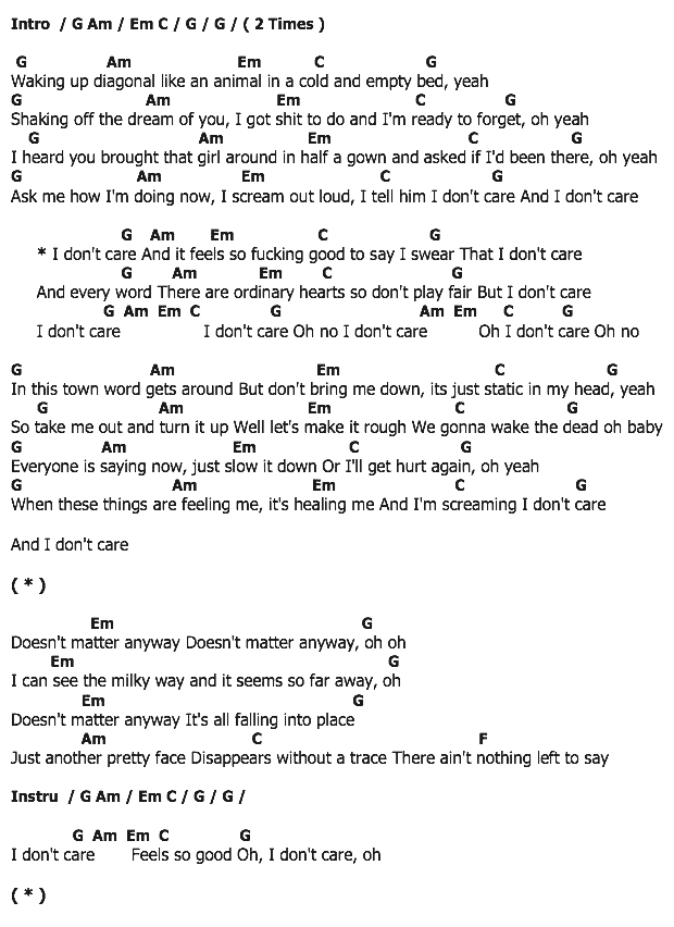 คอร์ดเพลง เนื้อเพลง I Don't Care, คอร์ดเพลง I Don't Care ของ Cheryl Cole, คอร์ดเพลงของ Cheryl Cole, เนื้อร้อง I Don't Care Cheryl Cole, I Don't Care คอร์ดง่าย ๆ, คอร์ด I Don't Care ต้นฉบับ