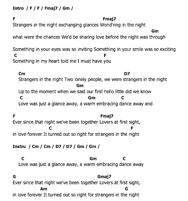 คอร์ดเพลง เนื้อเพลง Strangers in The Night, คอร์ดเพลง Strangers in The Night ของ FRANK SINATRA, คอร์ดเพลงของ FRANK SINATRA, เนื้อร้อง Strangers in The Night FRANK SINATRA, Strangers in The Night คอร์ดง่าย ๆ, คอร์ด Strangers in The Night ต้นฉบับ