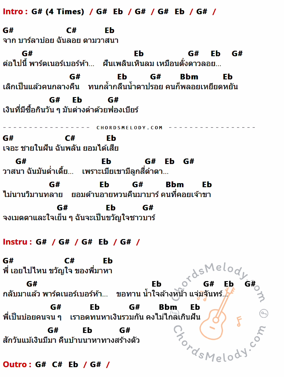 เนื้อเพลง พาร์ตเนอร์เบอร์ห้า ของ พุ่มพวง ดวงจันทร์ ที่มีคอร์ด ในกลุ่มคีย์ G#,Eb,C#,Bbm ประกอบ