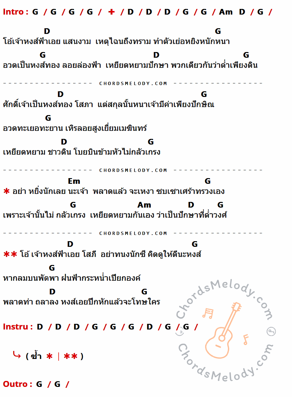 เนื้อเพลง หงษ์ปีกหัก ของ สุรพล สมบัติเจริญ ที่มีคอร์ด ในกลุ่มคีย์ G,D,Am,Em ประกอบ