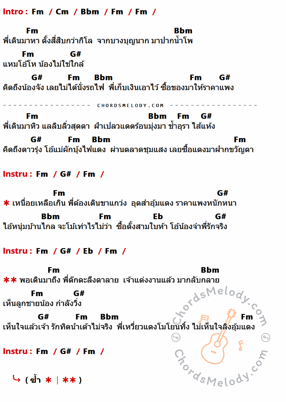 เนื้อเพลง ลิงอุ้มแตง ของ ไวพจน์ เพชรสุพรรณ ที่มีคอร์ดกีต้าร์ Fm,Cm,Bbm,G#,Eb