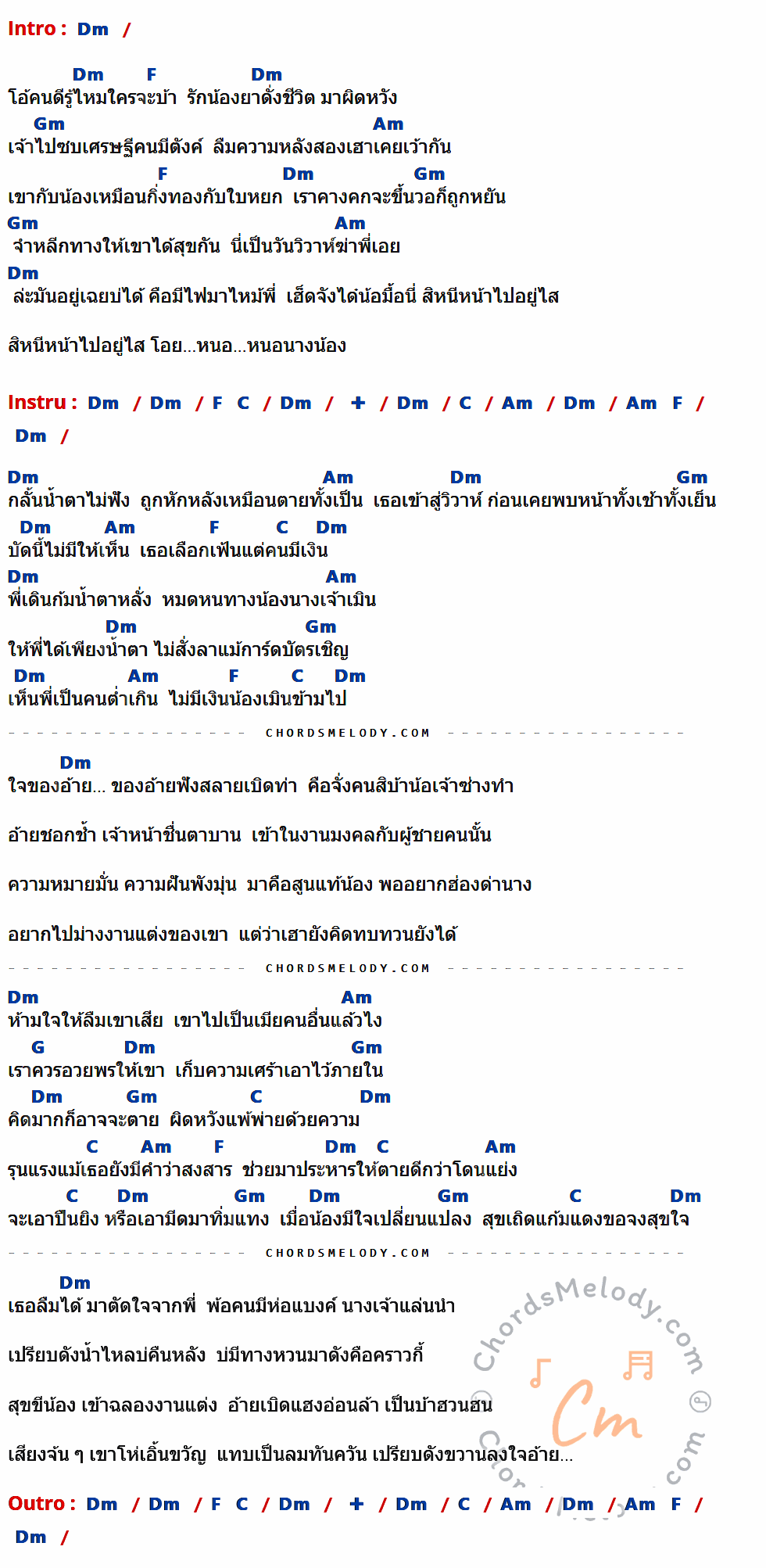เนื้อเพลง วันงานประหารใจ ของ ศักดิ์ ภูเวียง ที่มีคอร์ด ในกลุ่มคีย์ Dm,F,Gm,Am,C,G ประกอบ