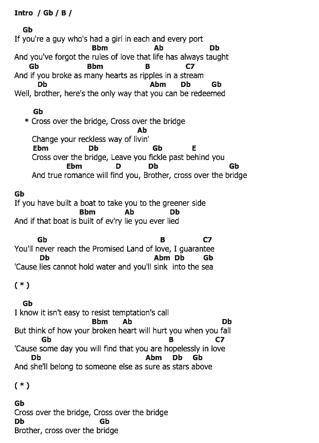คอร์ดเพลง เนื้อเพลง Cross Over The Bridge, คอร์ดเพลง Cross Over The Bridge ของ Patti Page, คอร์ดเพลงของ Patti Page, เนื้อร้อง Cross Over The Bridge Patti Page, Cross Over The Bridge คอร์ดง่าย ๆ, คอร์ด Cross Over The Bridge ต้นฉบับ