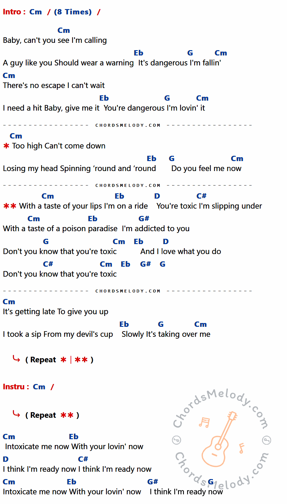 เนื้อเพลง Toxic ของ Britney Spears ที่มีคอร์ดกีต้าร์ Cm,Eb,G,D,C#,G#