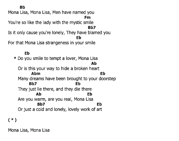 คอร์ดเพลง เนื้อเพลง Mona Lisa, คอร์ดเพลง Mona Lisa ของ Nat King Cole, คอร์ดเพลงของ Nat King Cole, เนื้อร้อง Mona Lisa Nat King Cole, Mona Lisa คอร์ดง่าย ๆ, คอร์ด Mona Lisa ต้นฉบับ