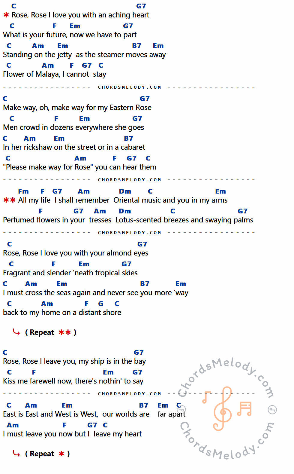 เนื้อเพลง Rose Rose I Love You ของ Frankie Laine ที่มีคอร์ด ในกลุ่มคีย์ C,G7,F,Em,Am,B7,Fm,Dm,G ประกอบ