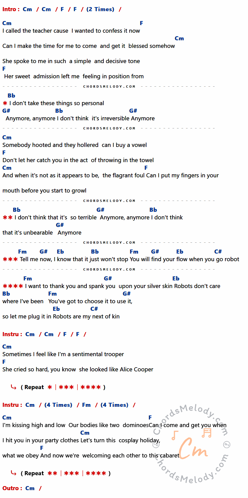 เนื้อเพลง Go Robot ของ Red Hot Chili Peppers ที่มีคอร์ด ในกลุ่มคีย์ Cm,F,Bb,G#,Fm,Eb,C# ประกอบ
