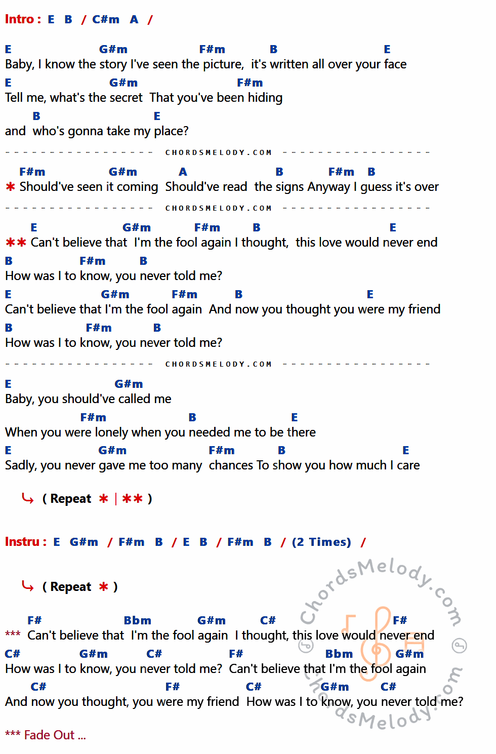 เนื้อเพลง Fool Again ของ Westlife ที่มีคอร์ด ในกลุ่มคีย์ E,B,C#m,A,G#m,F#m,F#,Bbm,C# ประกอบ