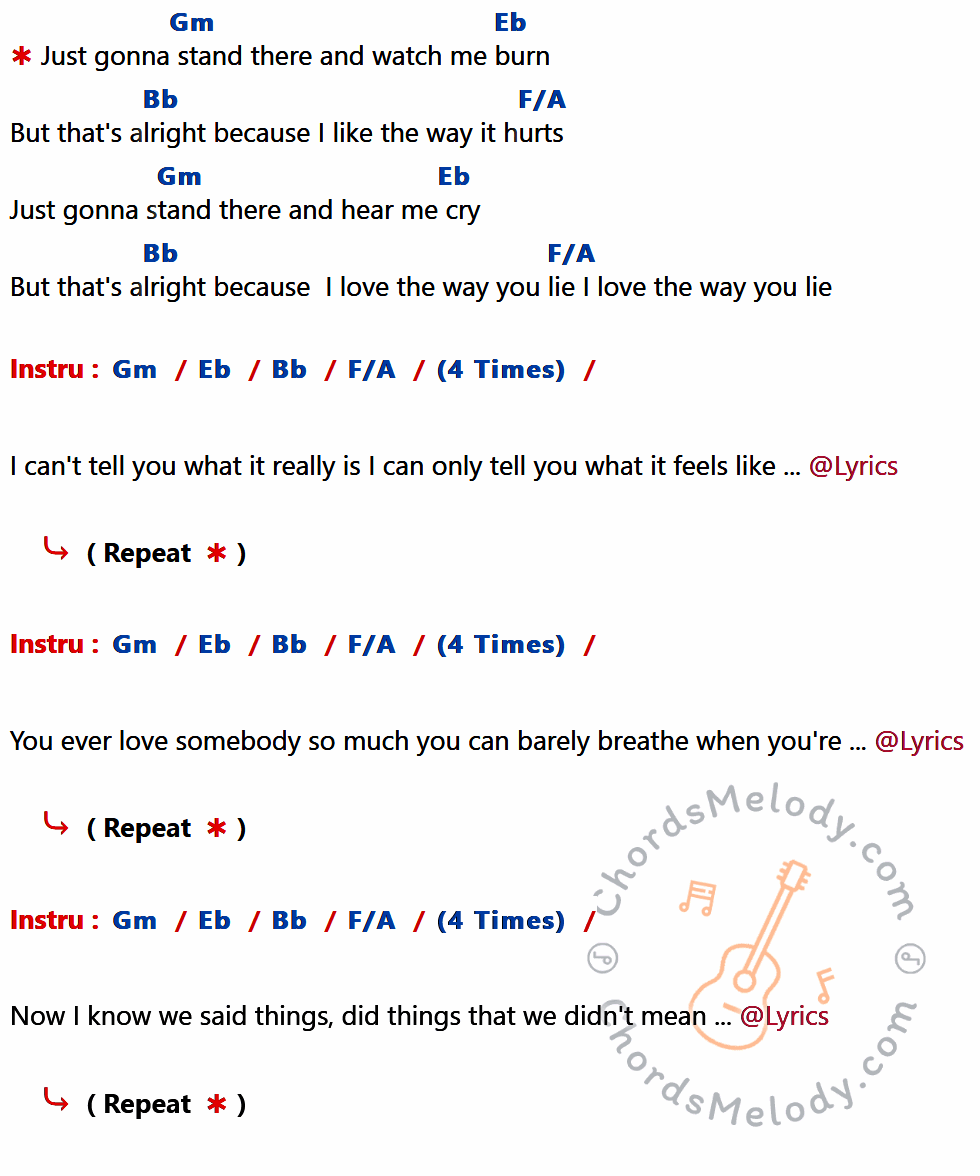 เนื้อเพลง Love The Way You Lie ของ Eminem Feat.RIHANNA ที่มีคอร์ด ในกลุ่มคีย์ Gm,Eb,Bb,F/A ประกอบ