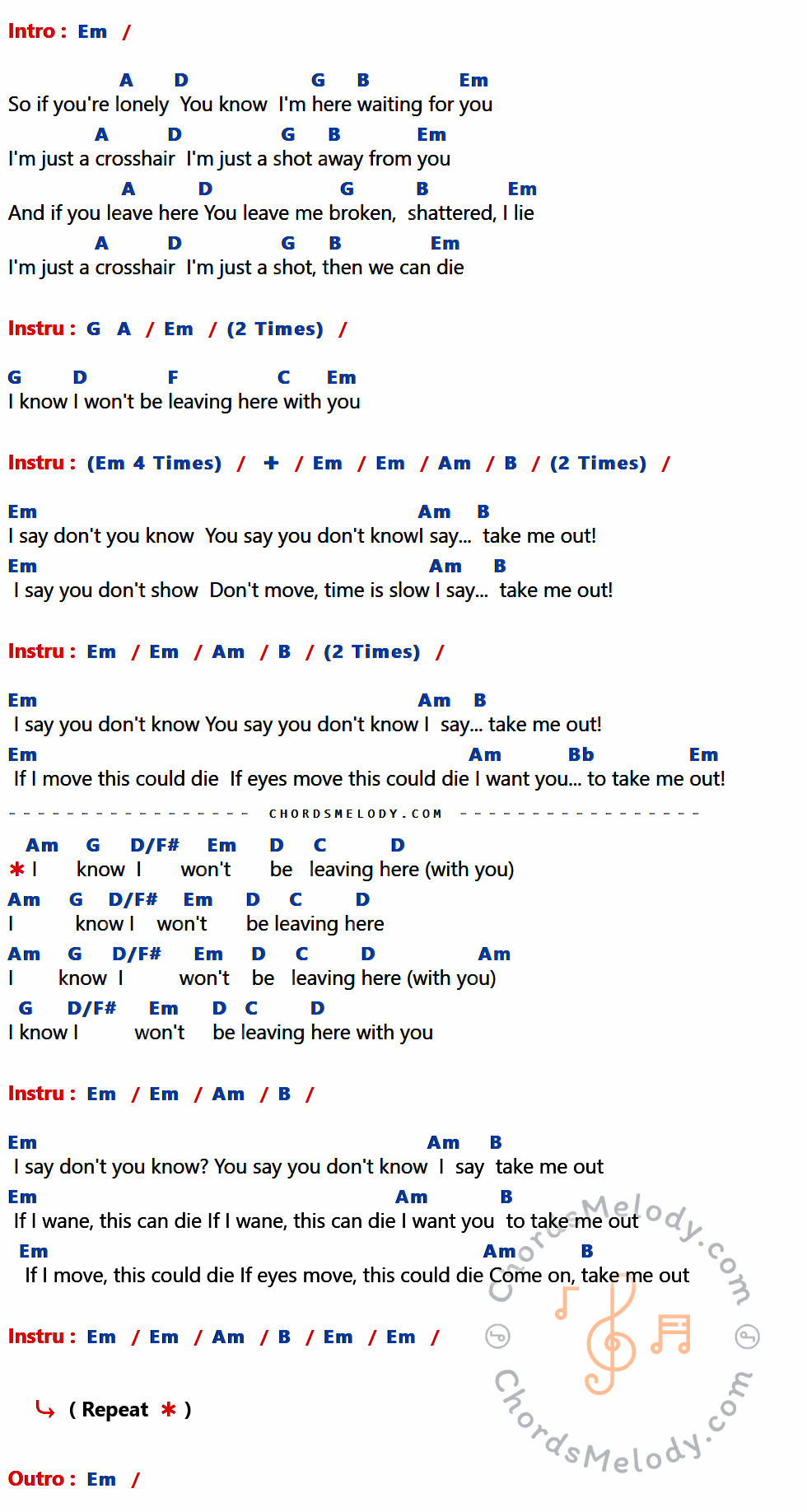 เนื้อเพลง Take Me Out ของ Franz Ferdinand ที่มีคอร์ดกีต้าร์ Em,A,D,G,B,F,C,Am,Bb,D/F#