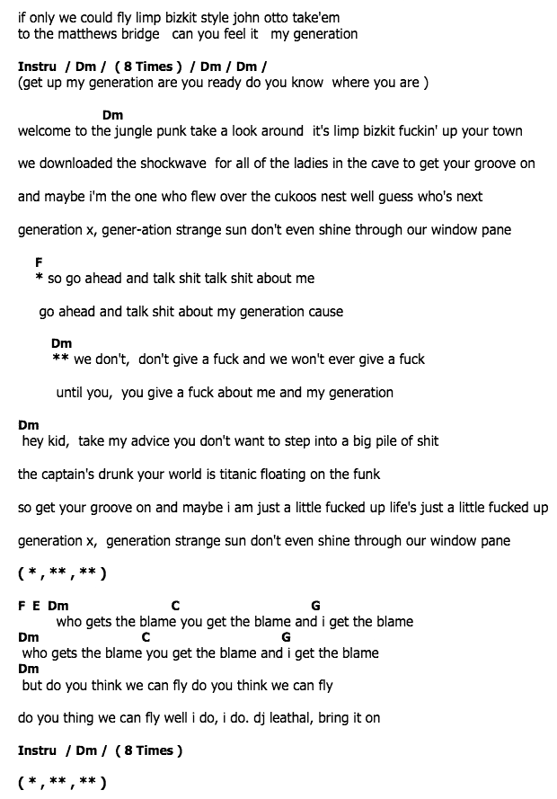 คอร์ดเพลง เนื้อเพลง My Generation, คอร์ดเพลง My Generation ของ Limp Bizkit, คอร์ดเพลงของ Limp Bizkit, เนื้อร้อง My Generation Limp Bizkit, My Generation คอร์ดง่าย ๆ, คอร์ด My Generation ต้นฉบับ