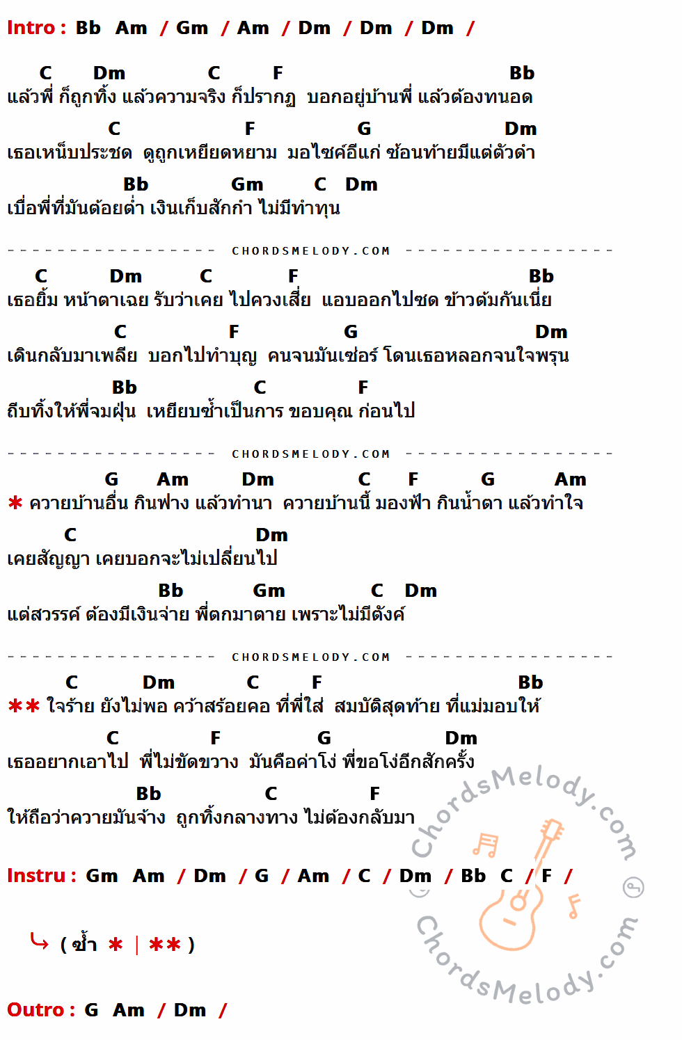 เนื้อเพลง ขอโง่อีกสักครั้ง ของ แจ๊ค ธนพล อาร์ สยาม ที่มีคอร์ด ในกลุ่มคีย์ Bb,Am,Gm,Dm,C,F,G ประกอบ