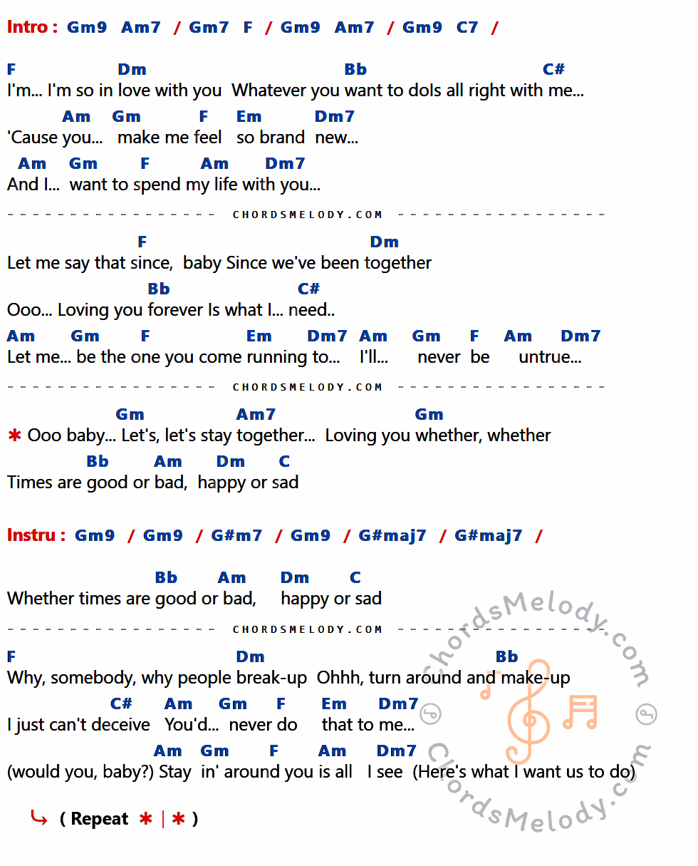 เนื้อเพลง Let's Stay Together ของ AI Green ที่มีคอร์ด ในกลุ่มคีย์ Gm9,Am7,Gm7,F,C7,Dm,Bb,C#,Am,Gm,Em,Dm7,C,G#m7,G#maj7 ประกอบ