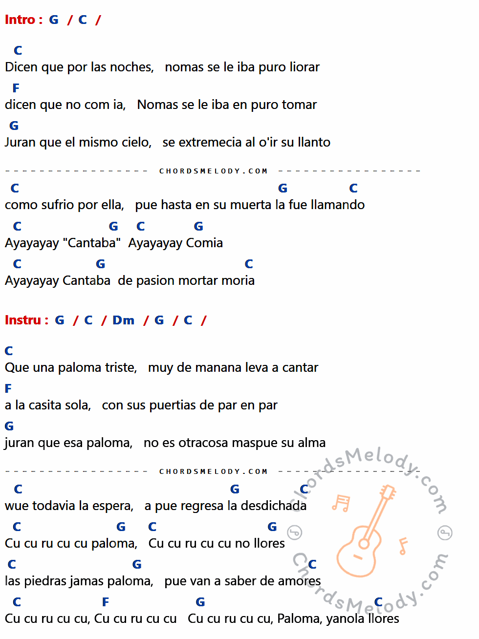 เนื้อเพลง Cu Cu Ru Cu Cu Paloma ของ Harry Belafonte ที่มีคอร์ด ในกลุ่มคีย์ G,C,F,Dm ประกอบ