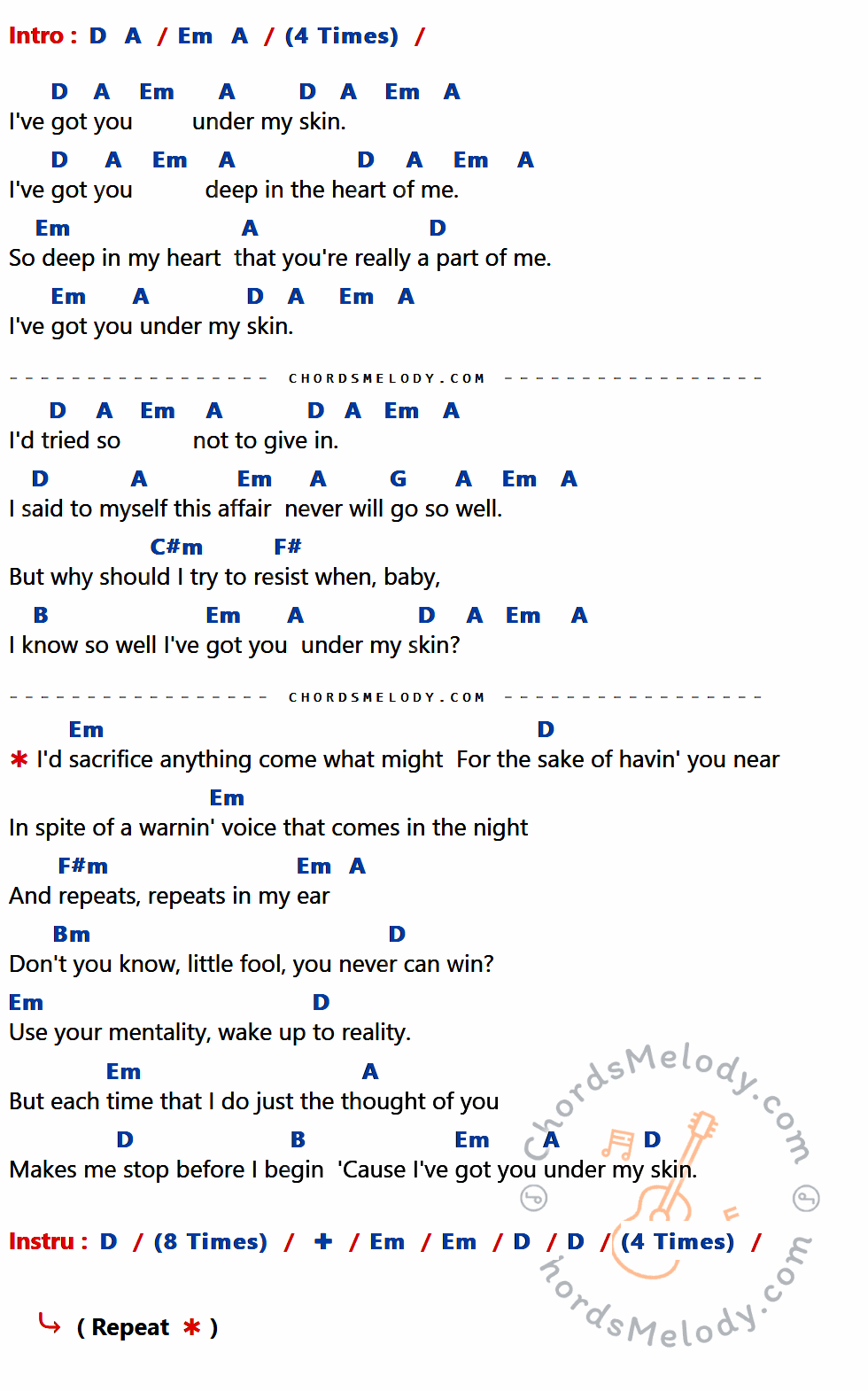 เนื้อเพลง I've got you under my skin ของ FRANK SINATRA ที่มีคอร์ด ในกลุ่มคีย์ D,A,Em,G,C#m,F#,B,F#m,Bm ประกอบ