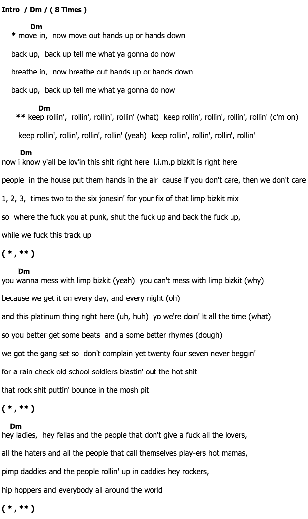 คอร์ดเพลง เนื้อเพลง Rollin, คอร์ดเพลง Rollin ของ Limp Bizkit, คอร์ดเพลงของ Limp Bizkit, เนื้อร้อง Rollin Limp Bizkit, Rollin คอร์ดง่าย ๆ, คอร์ด Rollin ต้นฉบับ