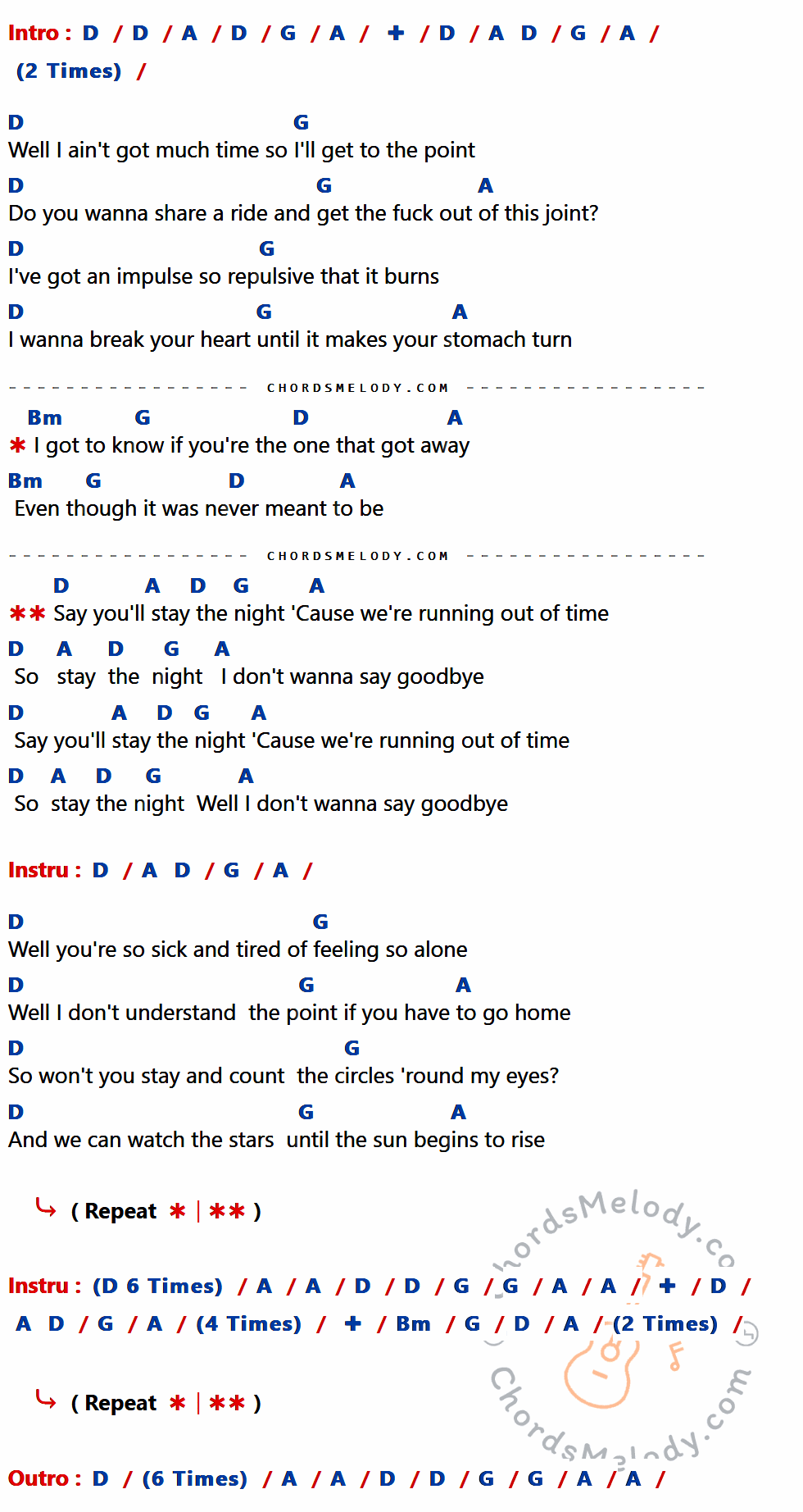 เนื้อเพลง Stay The Night ของ Green Day ที่มีคอร์ด ในกลุ่มคีย์ D,A,G,Bm ประกอบ