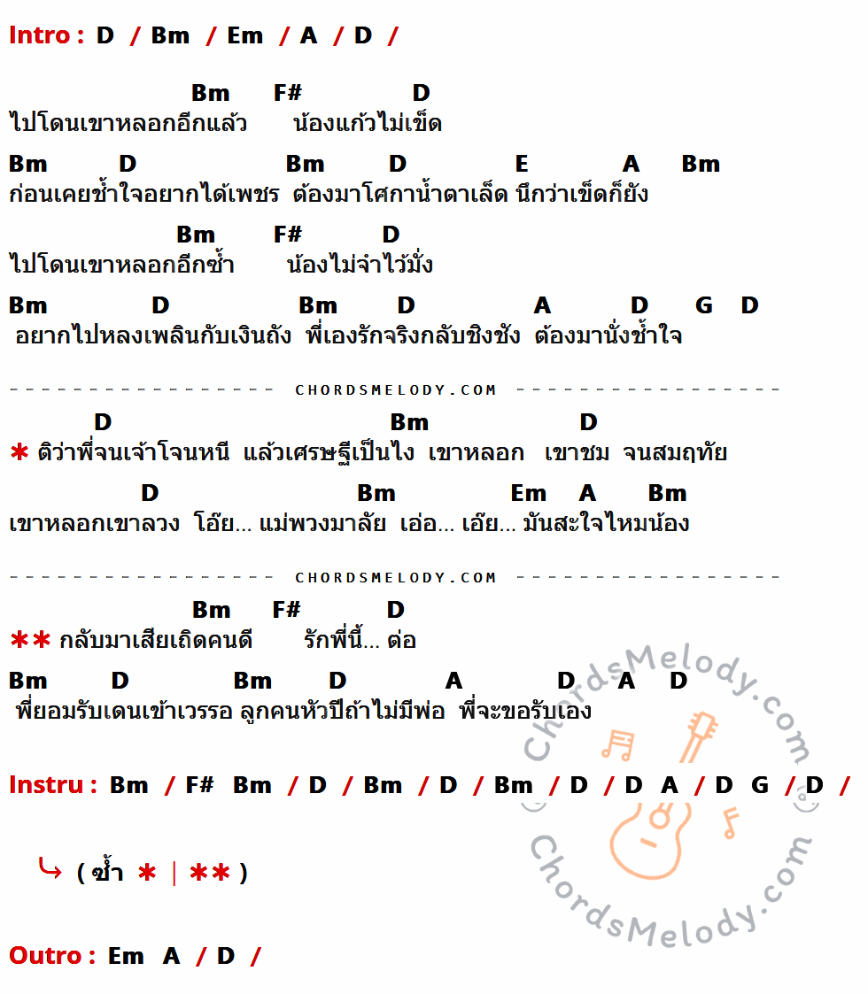เนื้อเพลง เข้าเวรรอ (ต้นฉบับ 2527) ของ ศรเพชร ศรสุพรรณ ที่มีคอร์ด ในกลุ่มคีย์ D,Bm,Em,A,F#,E,G ประกอบ