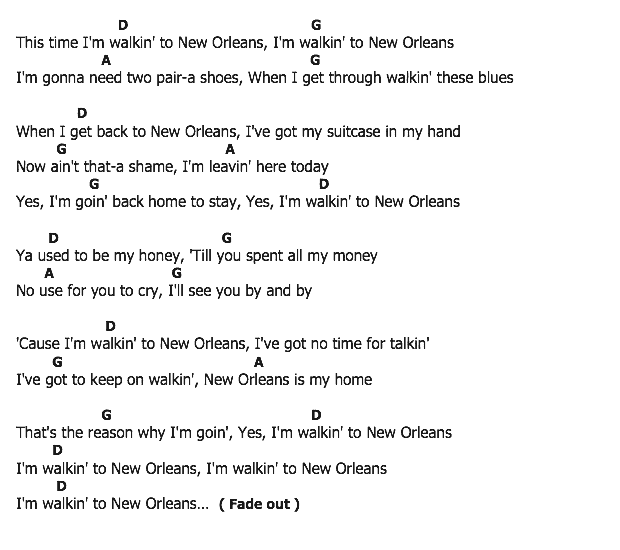 คอร์ดเพลง เนื้อเพลง Walking To New Orleans, คอร์ดเพลง Walking To New Orleans ของ Fats Domino, คอร์ดเพลงของ Fats Domino, เนื้อร้อง Walking To New Orleans Fats Domino, Walking To New Orleans คอร์ดง่าย ๆ, คอร์ด Walking To New Orleans ต้นฉบับ