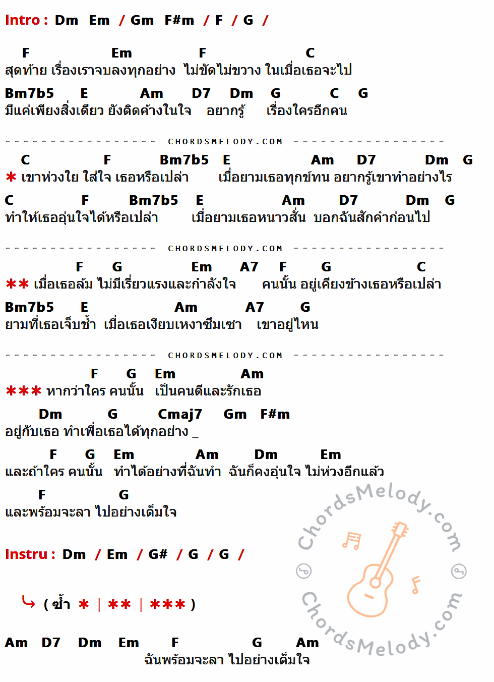 เนื้อเพลง ขอแค่ได้รู้ ของ พีท พล ที่มีคอร์ดกีต้าร์ Dm,Em,Gm,F#m,F,G,C,Bm7b5,E,Am,D7,A7,Cmaj7,G#