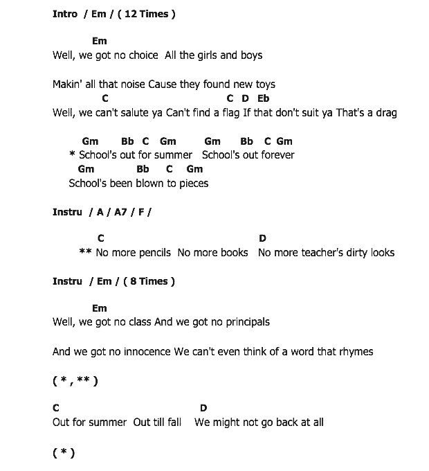 คอร์ดเพลง เนื้อเพลง School's Out, คอร์ดเพลง School's Out ของ Alice Cooper, คอร์ดเพลงของ Alice Cooper, เนื้อร้อง School's Out Alice Cooper, School's Out คอร์ดง่าย ๆ, คอร์ด School's Out ต้นฉบับ