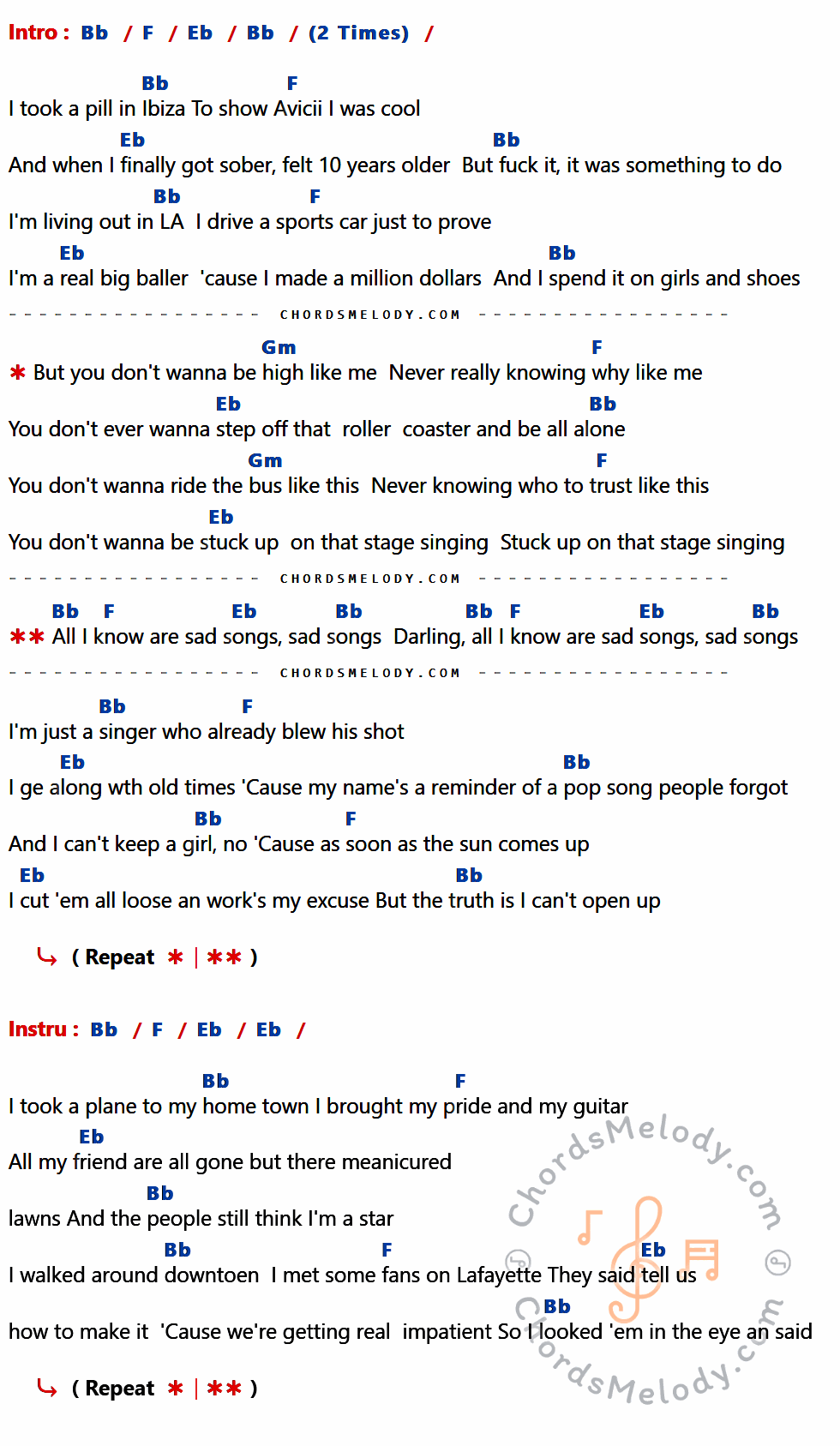 เนื้อเพลง I Took A Pill In Ibiza ของ Mike Posner ที่มีคอร์ด ในกลุ่มคีย์ Bb,F,Eb,Gm ประกอบ